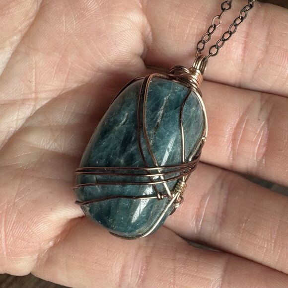 Blue Apatite Wire Wrapped Necklace Tumbled Gemstone Pendant Antiqued Brass - Picture 3 of 12